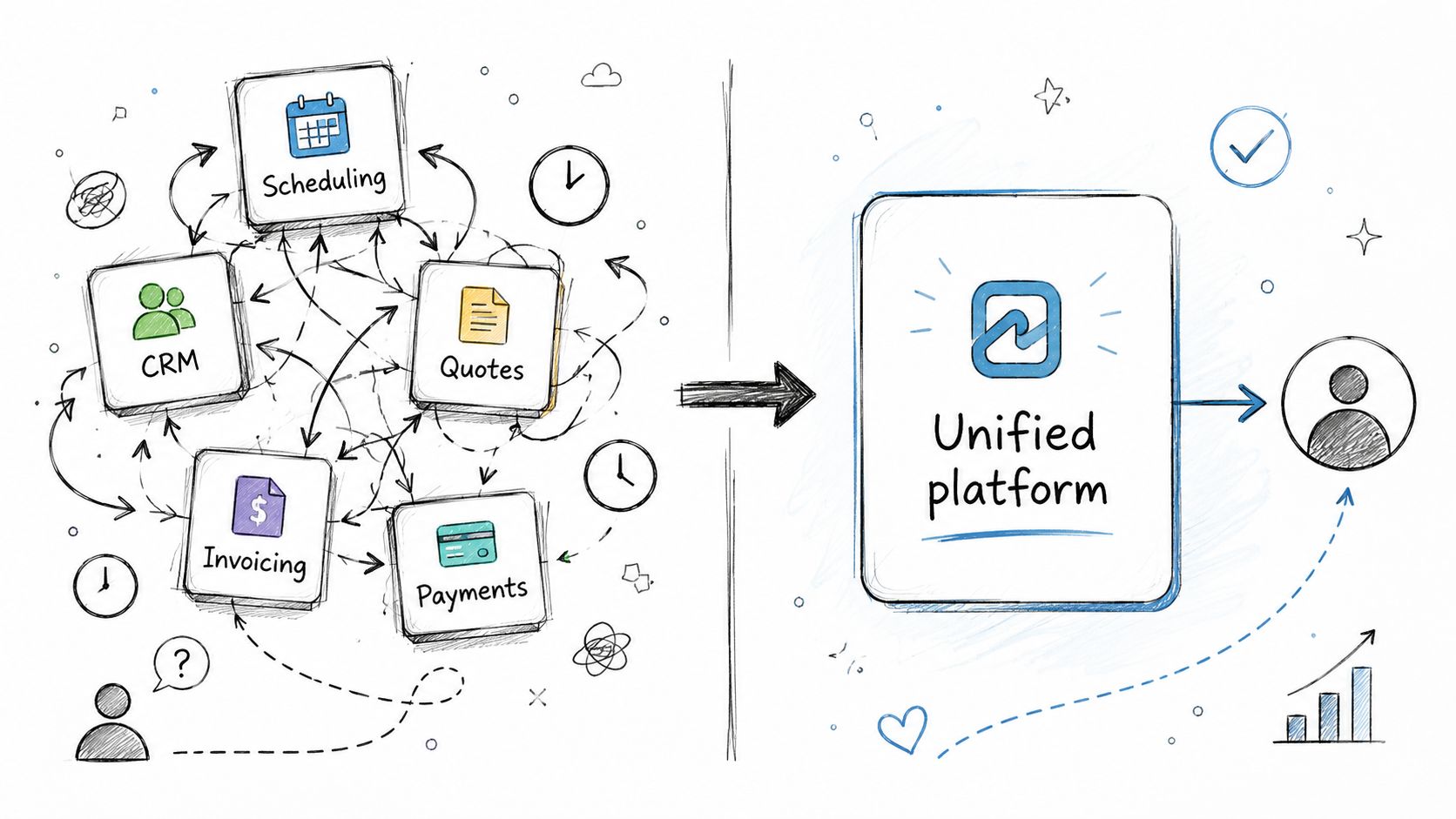 A diagram contrasting a disorganized set of business software tools with a simplified, unified platform solution.