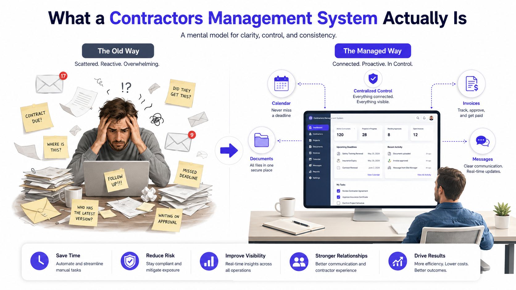 A comparison showing the stress of old manual processes versus the efficiency of a digital contractor management system.