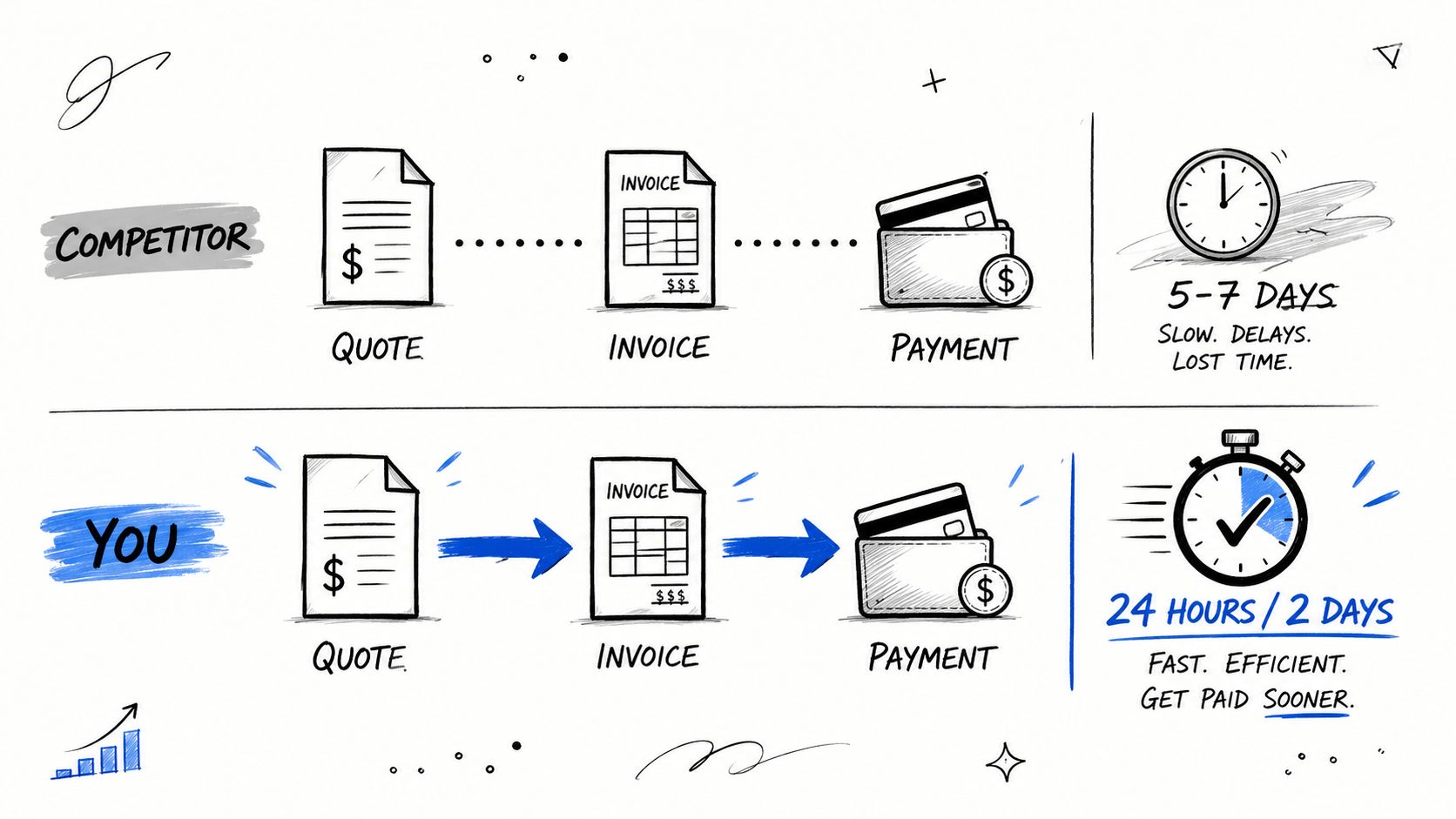 A diagram comparing a slow business payment process to a fast and efficient payment workflow.