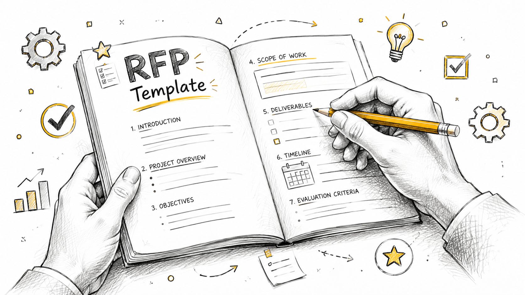 A hand-drawn sketch of a person writing in an RFP template book on a desk.