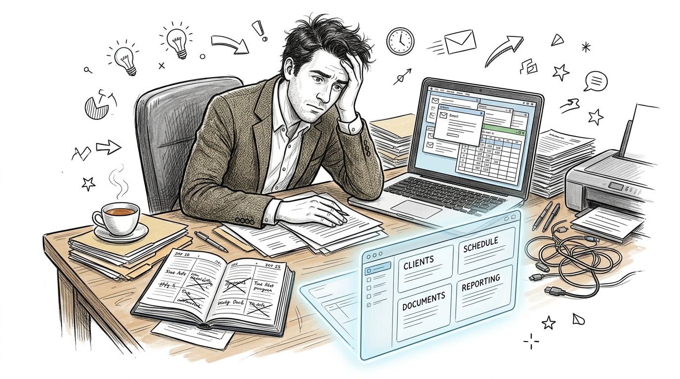 A stressed professional overwhelmed by work sitting at a cluttered desk with a computer and documents.
