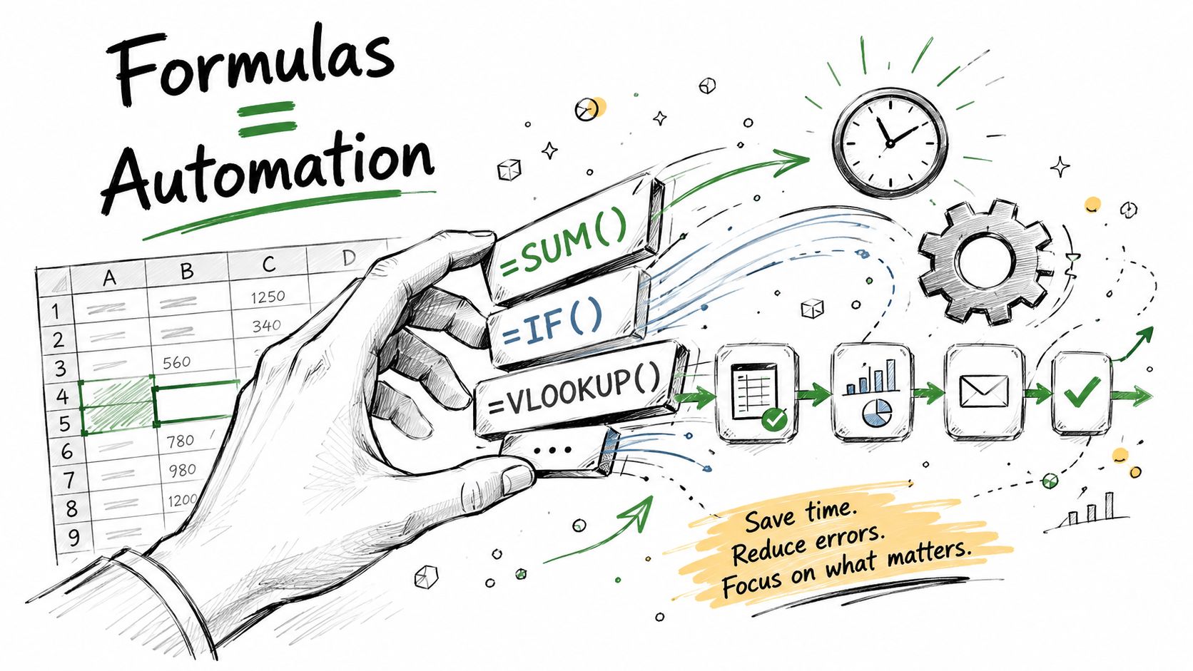 A hand placing spreadsheet formula blocks into a workflow process, symbolizing automation, efficiency, and data management.