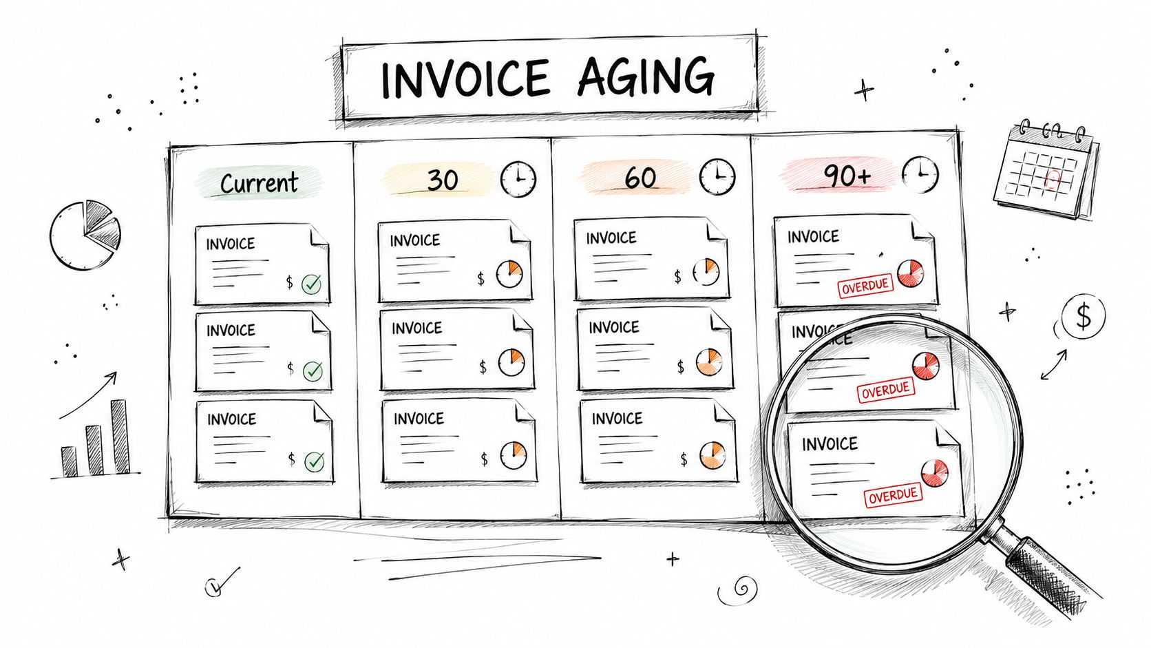 A hand-drawn illustration depicting an invoice aging chart with columns for current, 30, 60, and 90 plus days.