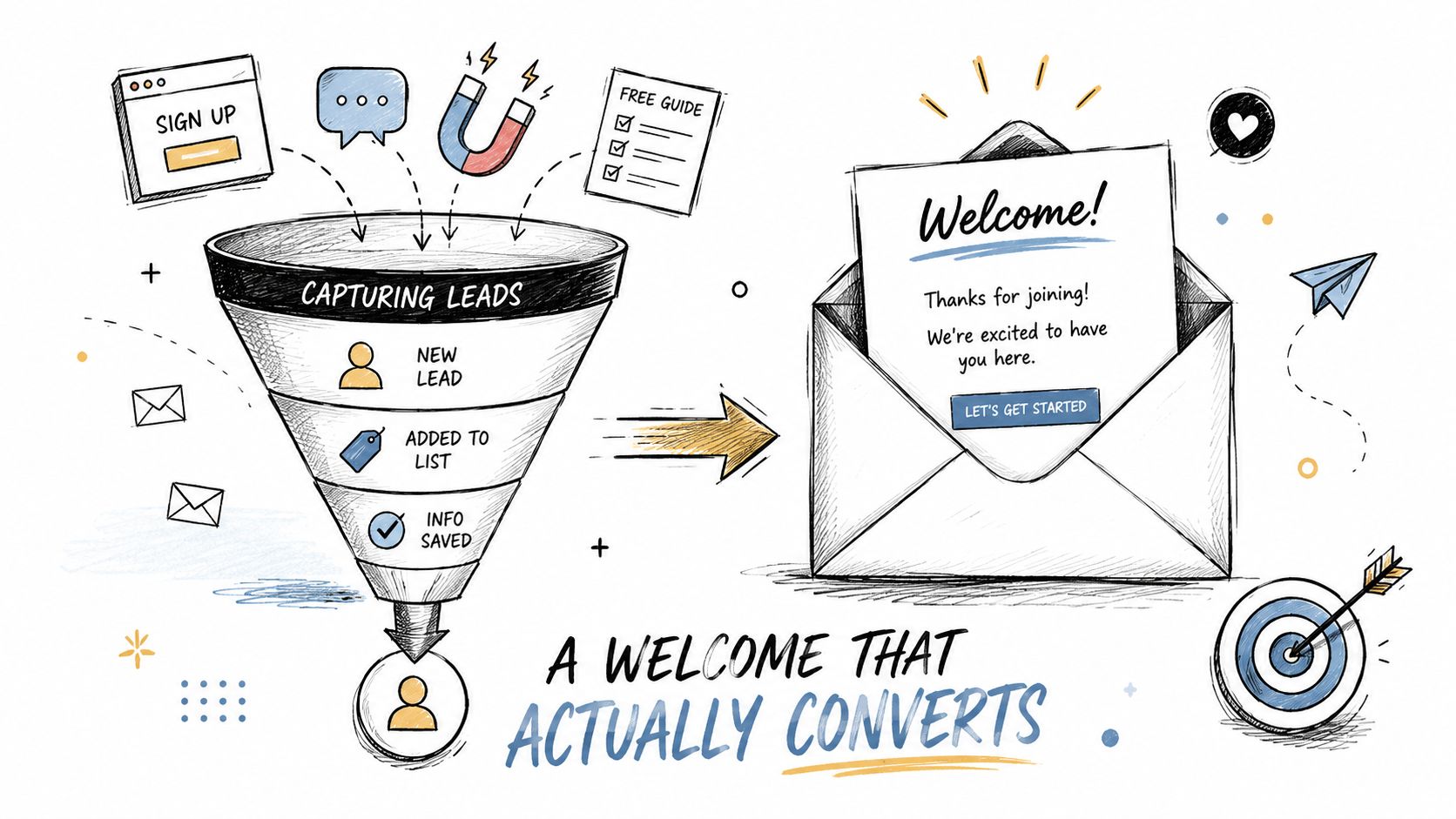 A hand-drawn illustration depicting a lead capture sales funnel connecting to a welcome email campaign strategy.