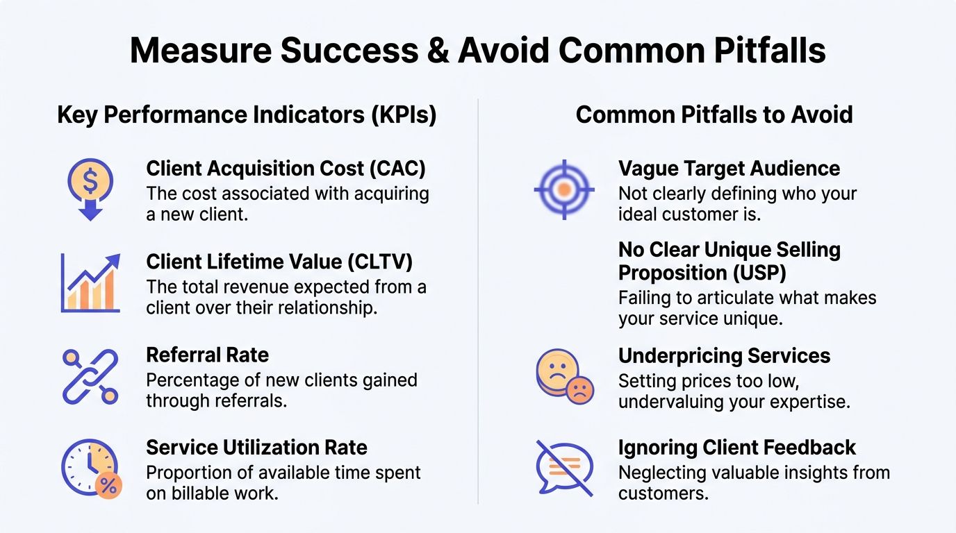 A chart showing key performance indicators for business success and common pitfalls to avoid for growth.