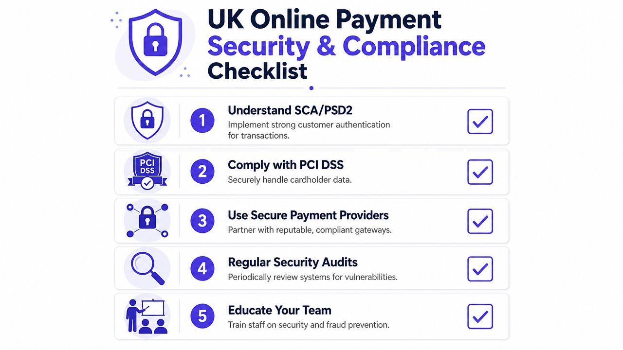 A checklist infographic outlining five essential steps for UK online payment security and regulatory compliance.