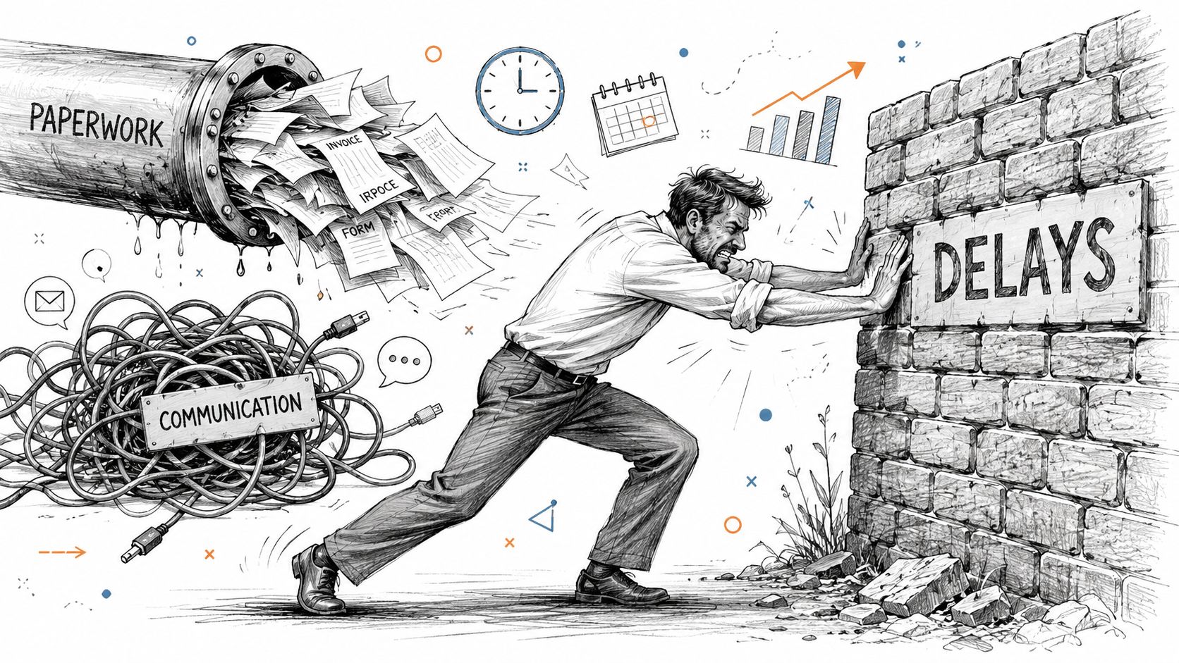 A man struggling to push against a wall labeled delays while dealing with excessive paperwork and communication.