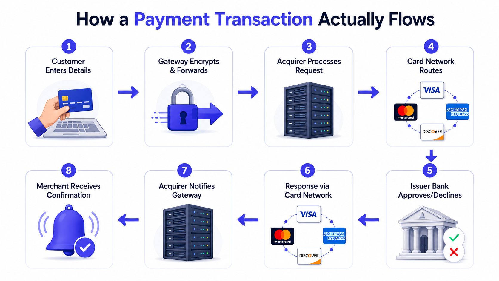 A step-by-step diagram illustrating the flow of a customer payment transaction process from start to finish.