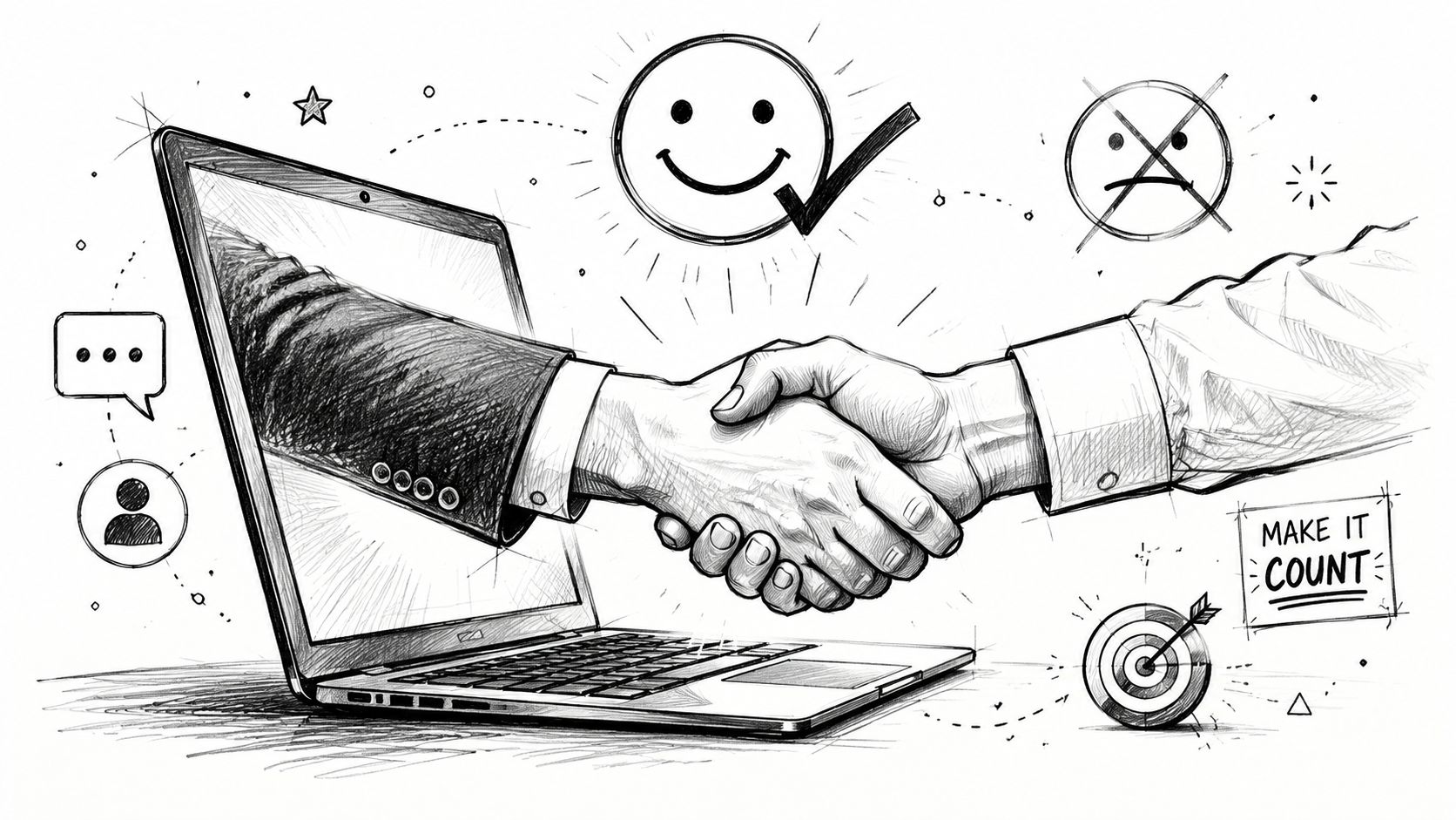 A pencil sketch of a hand coming out of a laptop screen to shake hands with someone.