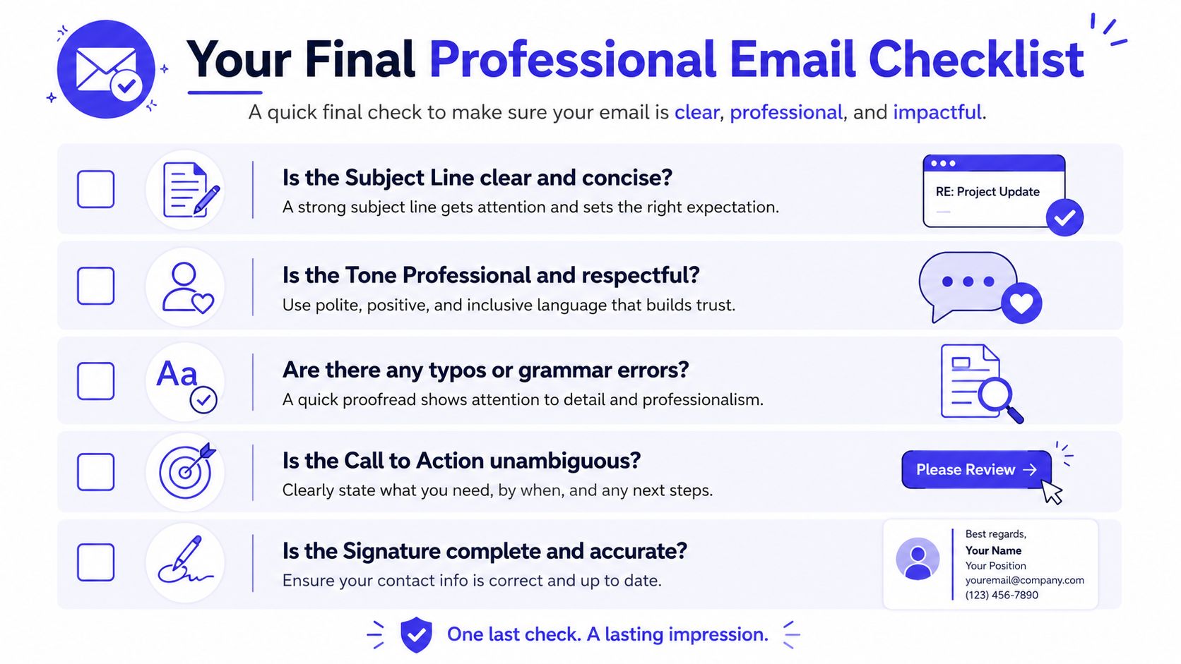 A professional checklist with five essential tips to ensure your business emails are clear and effective.