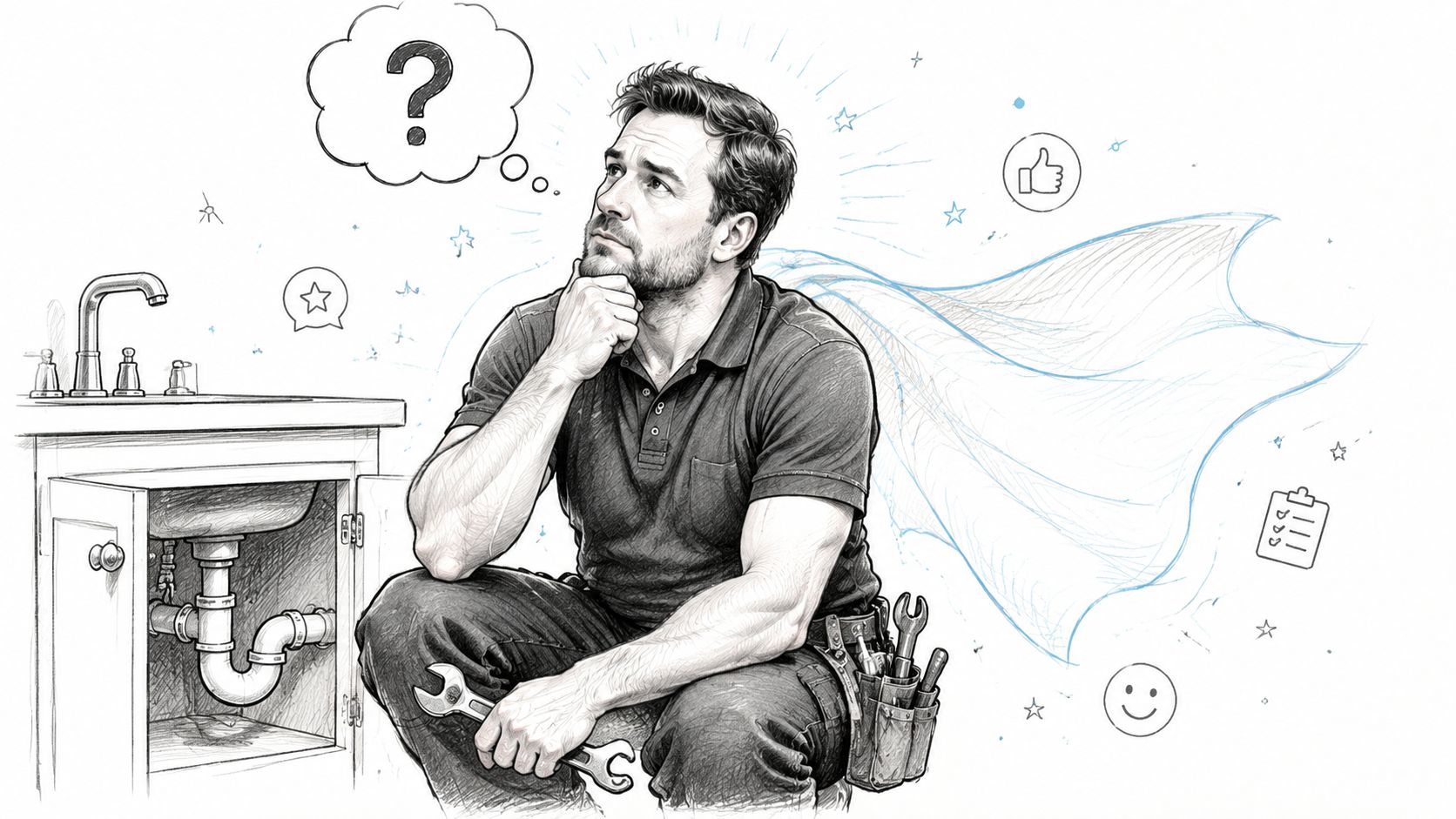 A professional plumber with a wrench thinking about solving a sink repair issue with customer service symbols.