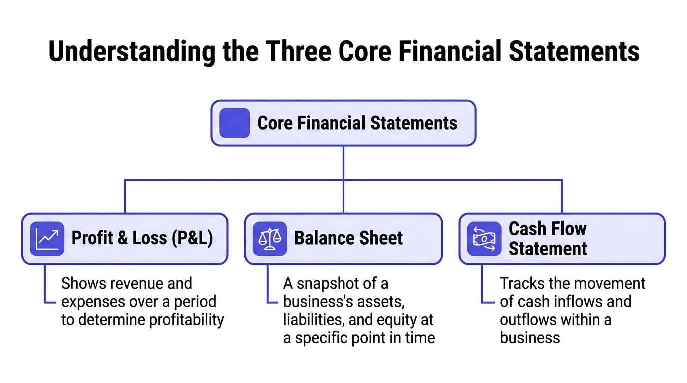 An organizational chart showing the three core financial statements: Profit and Loss, Balance Sheet, and Cash Flow Statement.