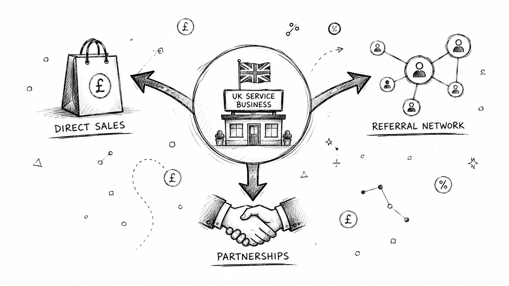 A hand-drawn illustration showing a UK service business connecting to direct sales, referral networks, and partnerships.