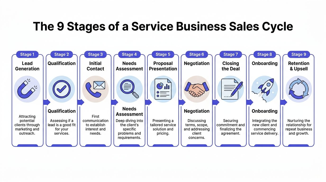 An infographic showing the nine sequential stages of a service business sales cycle from generation to retention.