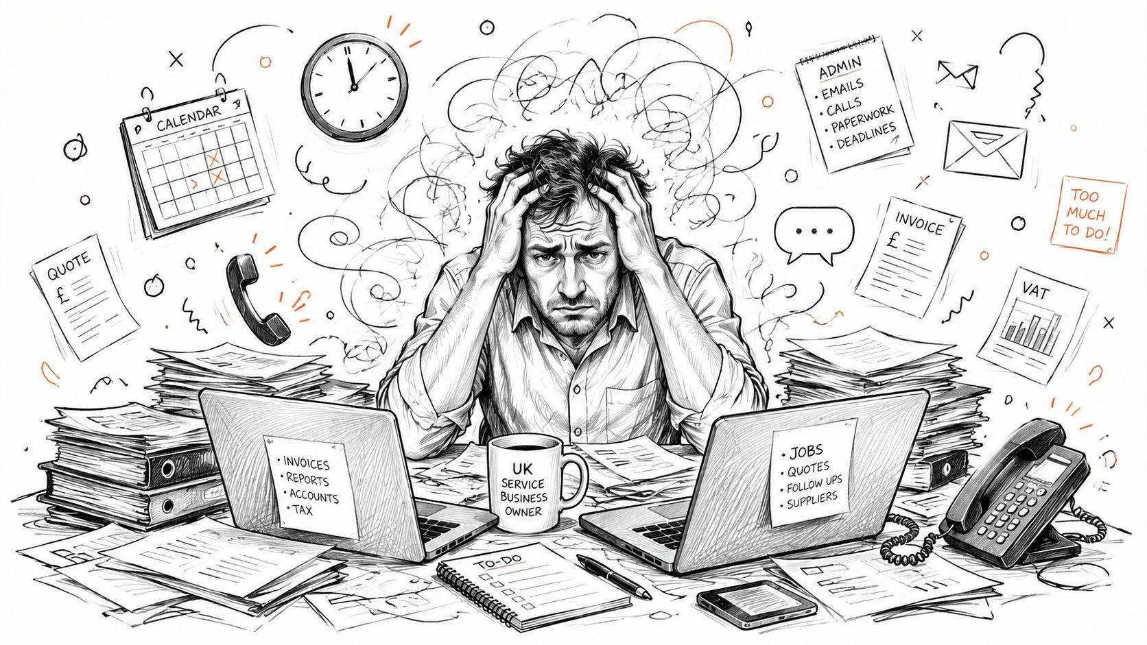 A stressed service business owner surrounded by paperwork, laptops, and clocks, representing work overload.