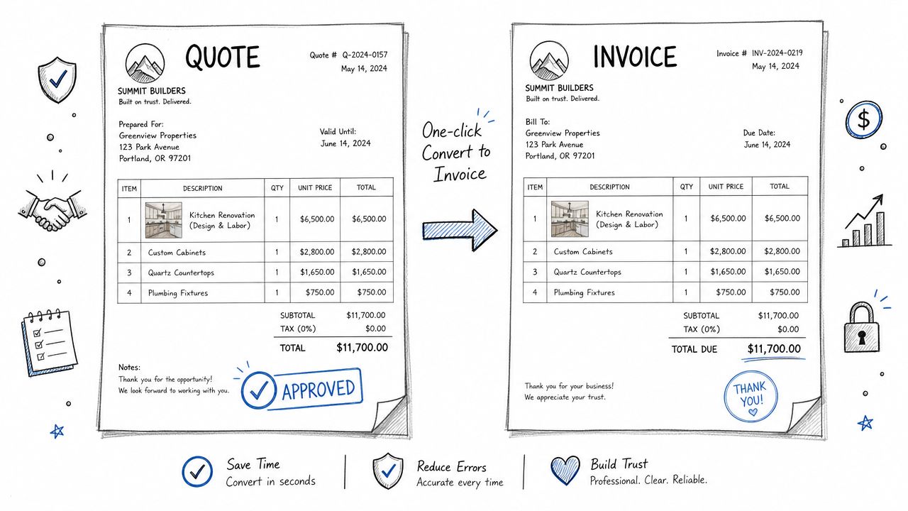 A diagram illustrating how to convert a construction quote into an official invoice in one click.