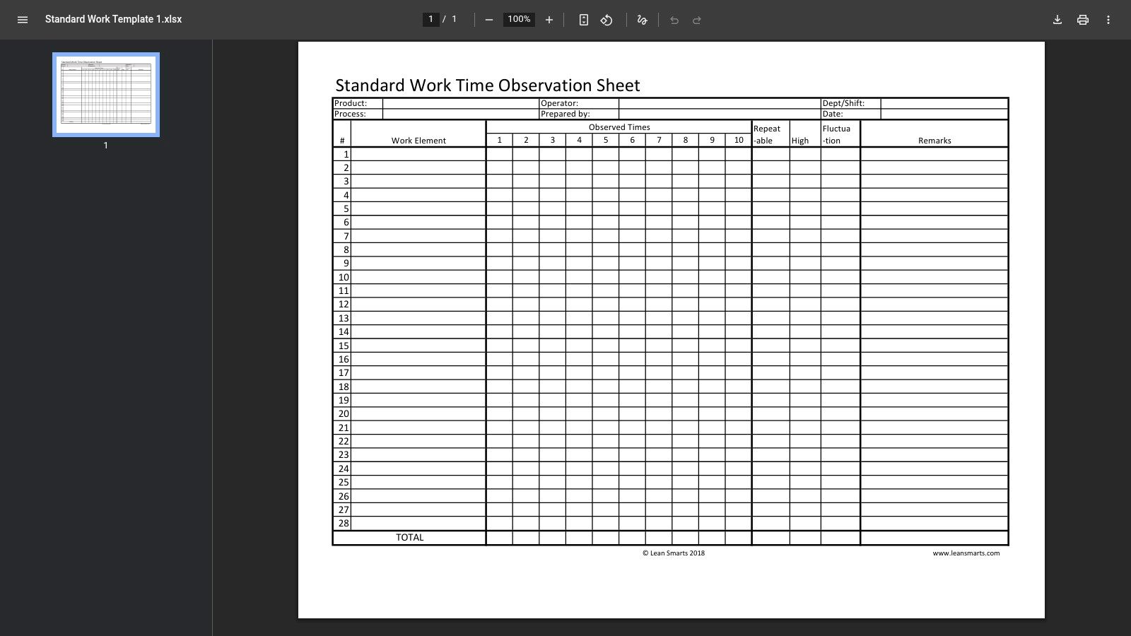 LeanSmarts, Standard Work Time Observation Sheet (PDF)