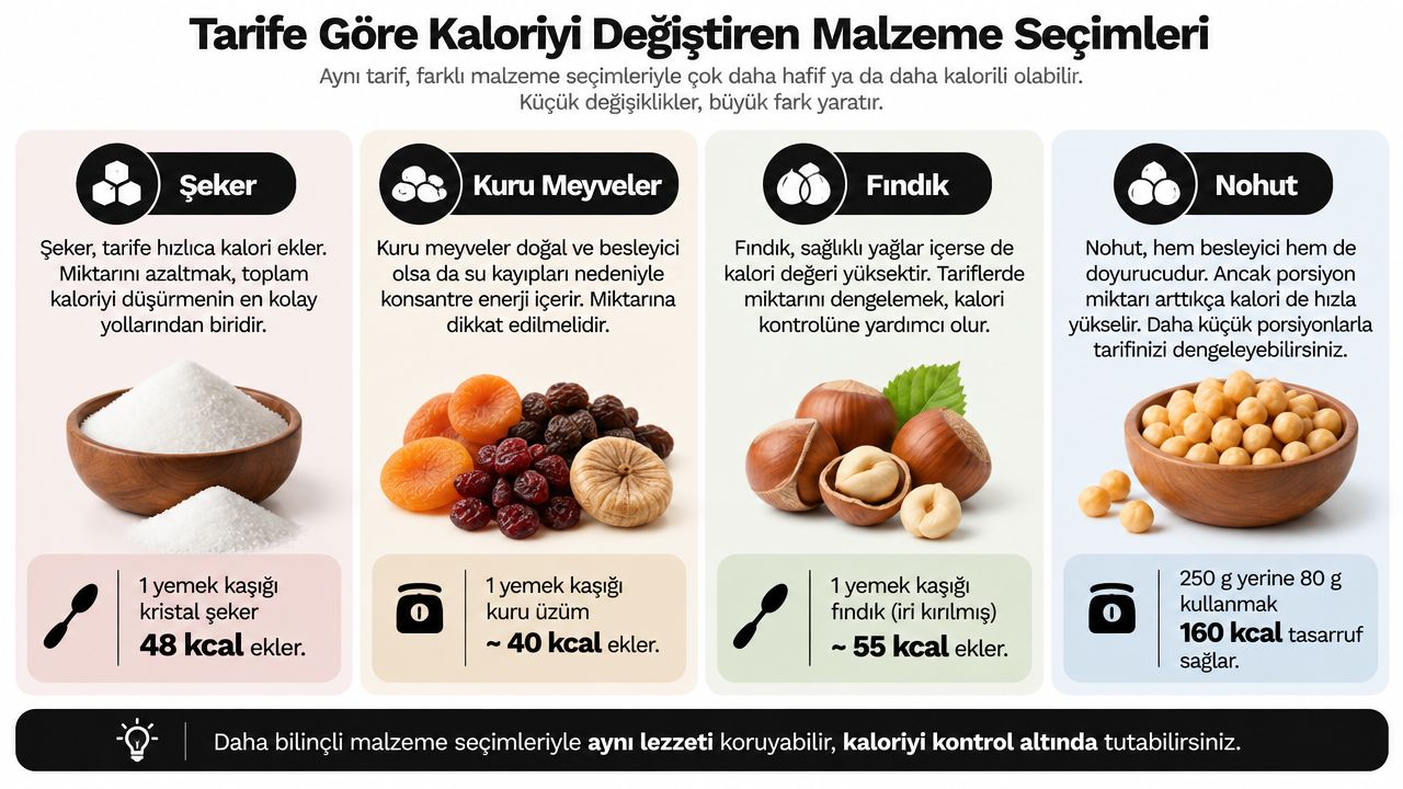 Tariflerdeki malzemelerin kalori değerlerini gösteren ve daha sağlıklı porsiyon seçimlerini anlatan bilgilendirici bir infografik.