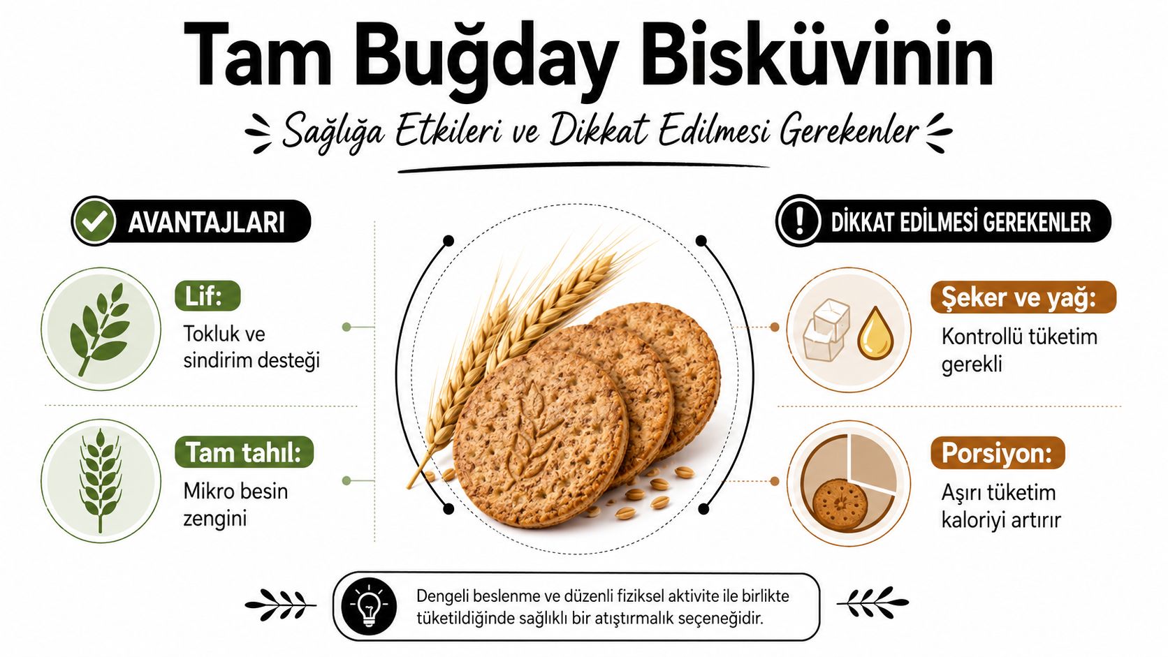 Tam buğday bisküvinin sağlığa etkileri, avantajları ve tüketiminde dikkat edilmesi gereken noktaları açıklayan bilgilendirici bir infografik.