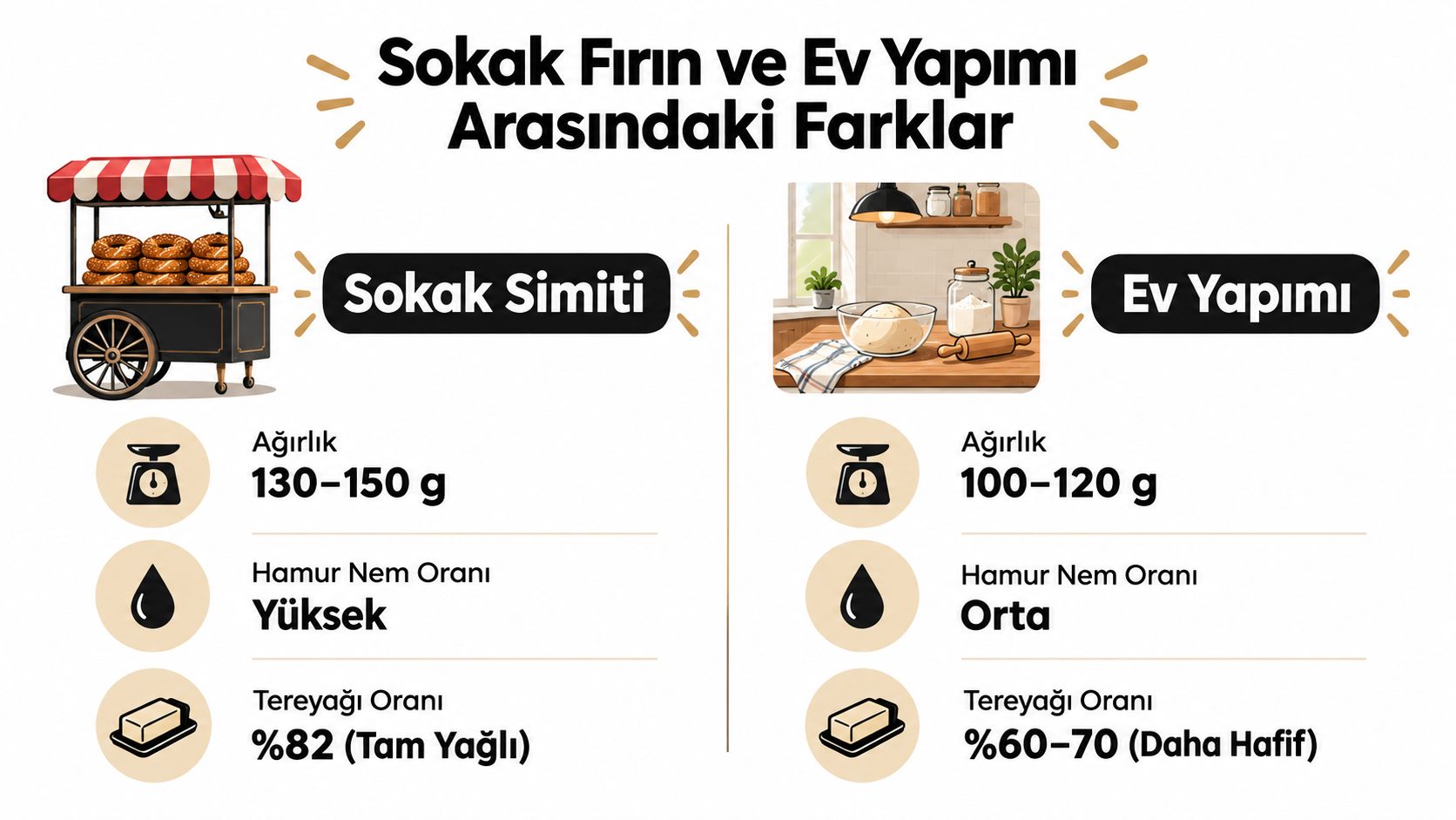 Sokak simidi ile ev yapımı simit arasındaki ağırlık, nem ve tereyağı oranı farklarını gösteren karşılaştırmalı infografik.