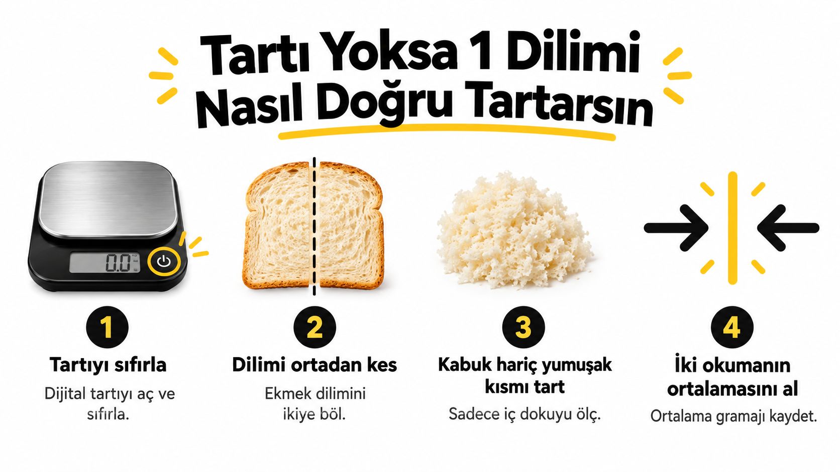 Tartı olmadan bir dilim ekmeğin ağırlığını doğru şekilde ölçmek için uygulanan dört basit ve etkili adım.
