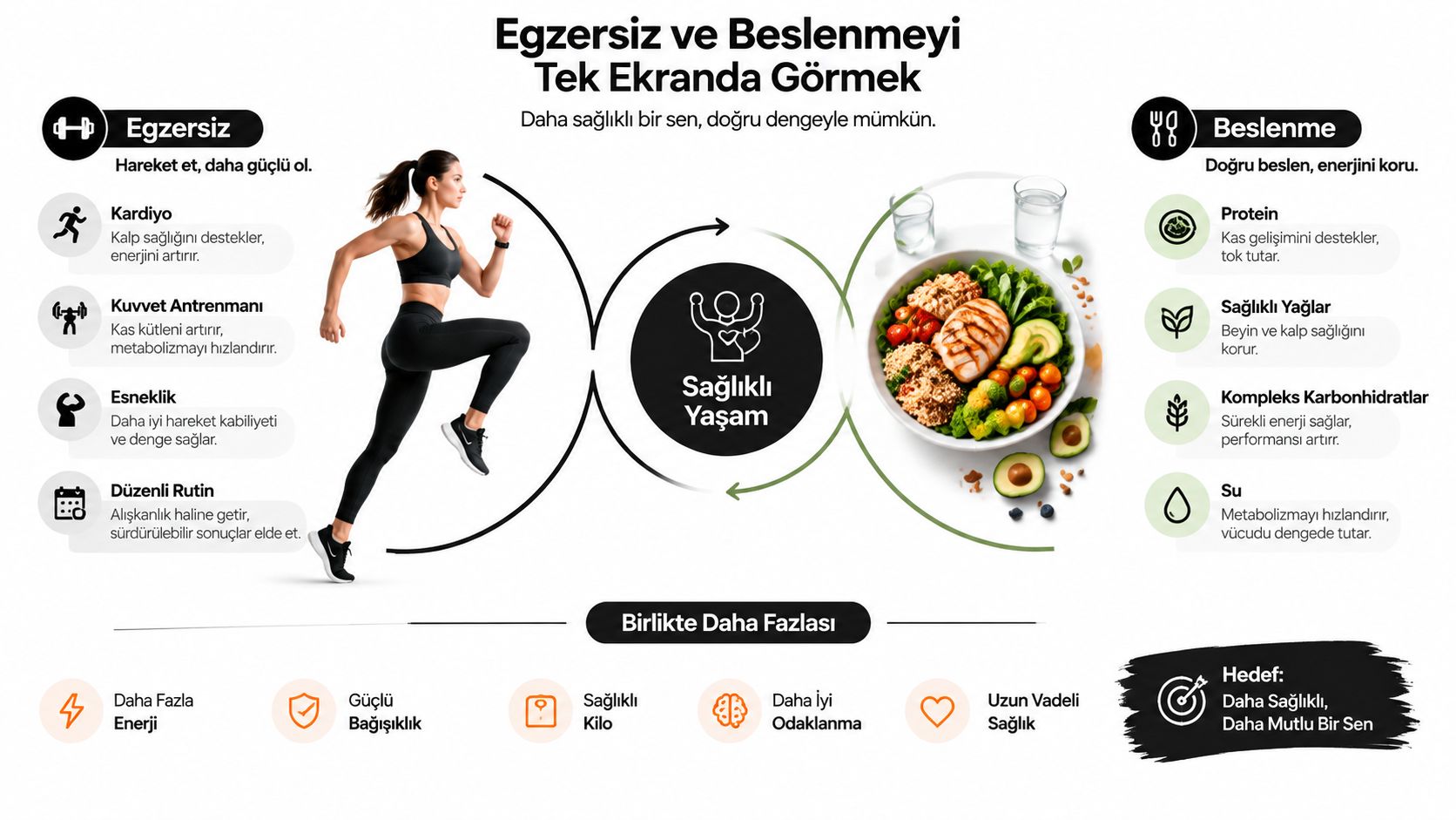 Egzersiz ve beslenmeyi birleştiren sağlıklı yaşam dengesini gösteren bilgilendirici bir infografik görseli.