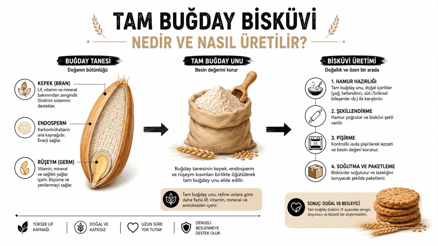 Tam buğday bisküvinin içeriği, üretim aşamaları ve sağlıklı besin değerlerini gösteren bilgilendirici bir infografik görseli.