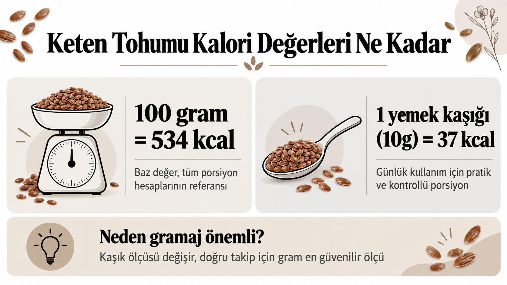 Keten tohumunun 100 gram ve 1 yemek kaşığı için kalori değerlerini gösteren bilgilendirici görsel grafik.