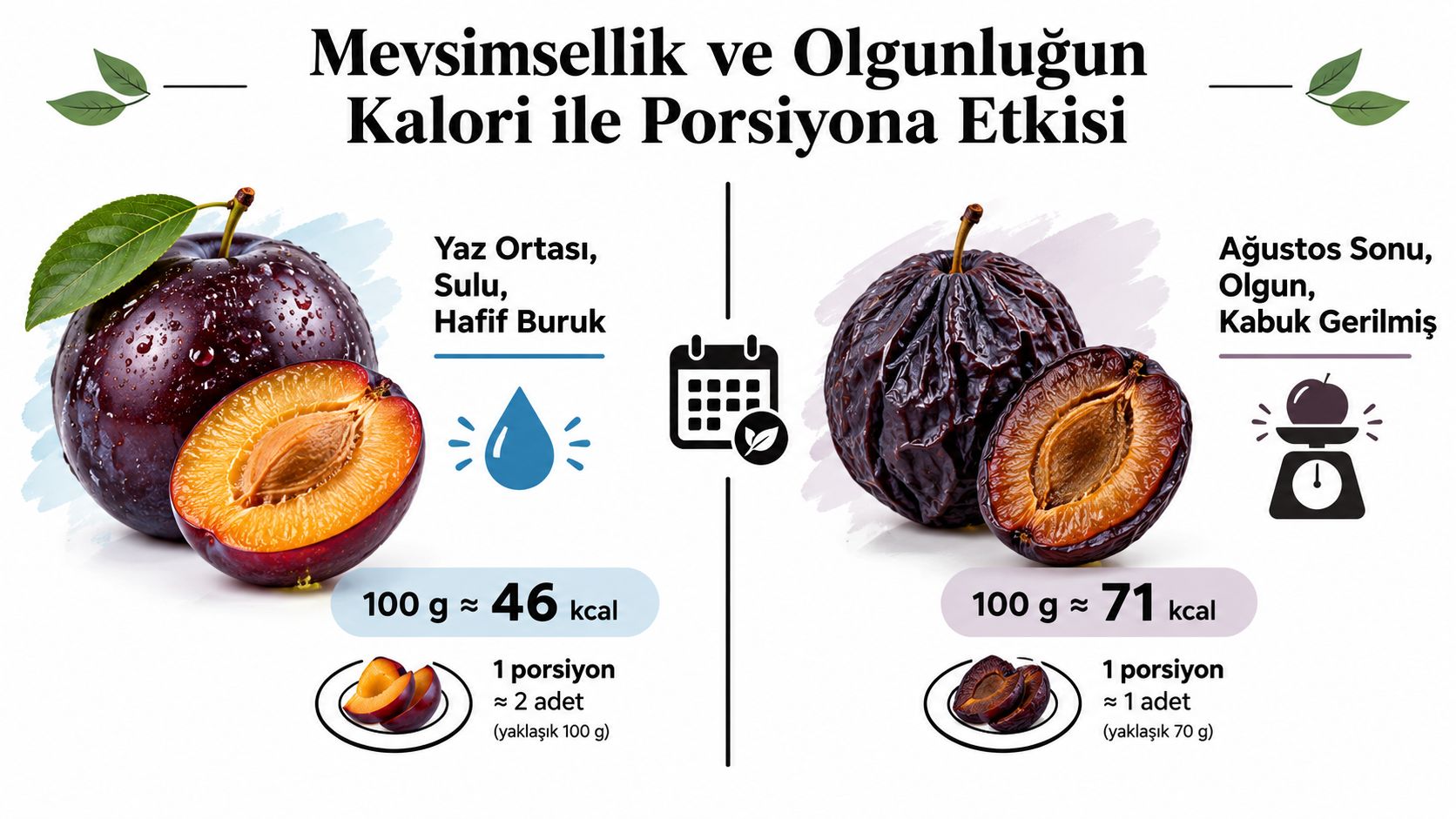 Mevsimsellik ve olgunluğun mürdüm eriğinin kalorisi ve porsiyon miktarı üzerindeki etkisini gösteren karşılaştırmalı bilgilendirici bir grafik.
