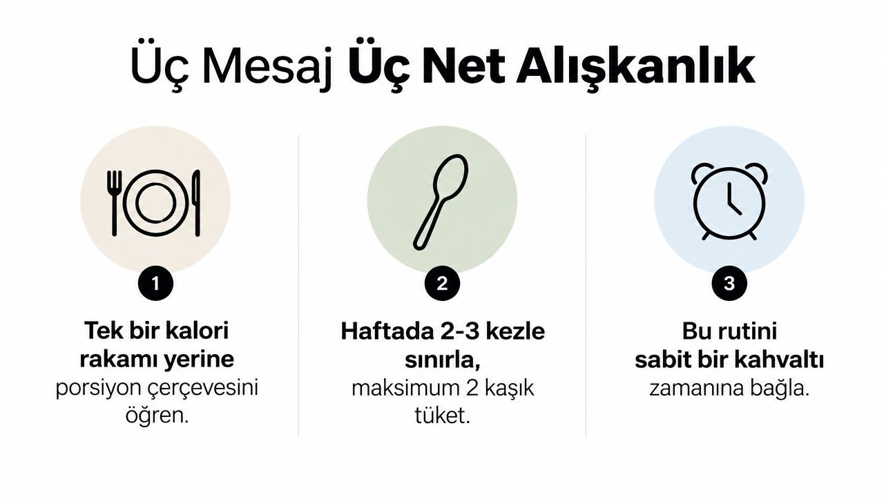 Üç adımda sağlıklı beslenme alışkanlıkları ve porsiyon kontrolü yöntemlerini gösteren bilgilendirici grafik tasarımı.