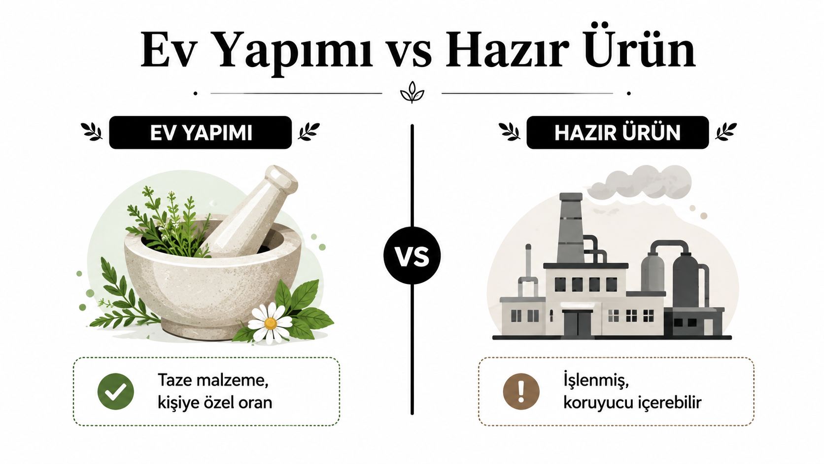 Ev yapımı ve hazır ürünlerin karşılaştırıldığı, taze malzeme ile işlenmiş gıdaları gösteren bilgilendirici bir görsel.
