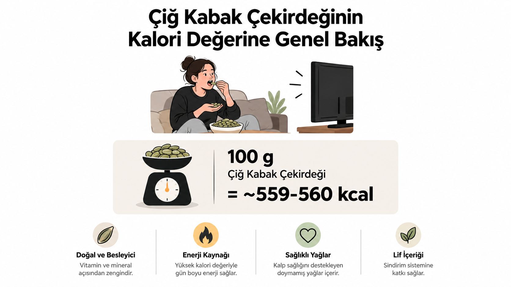Bir kadının televizyon izlerken çiğ kabak çekirdeği yediği ve 100 gramdaki kalori değerini gösteren bilgilendirici bir görsel.