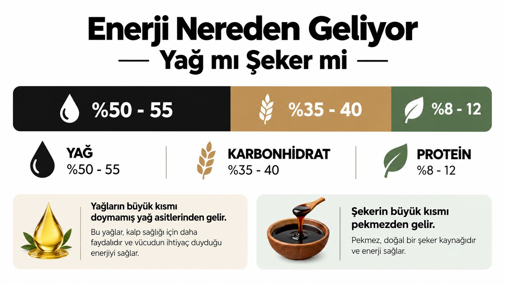 Tahin pekmez karışımının enerji kaynaklarını yüzde oranlarıyla gösteren bilgilendirici grafik görseli.