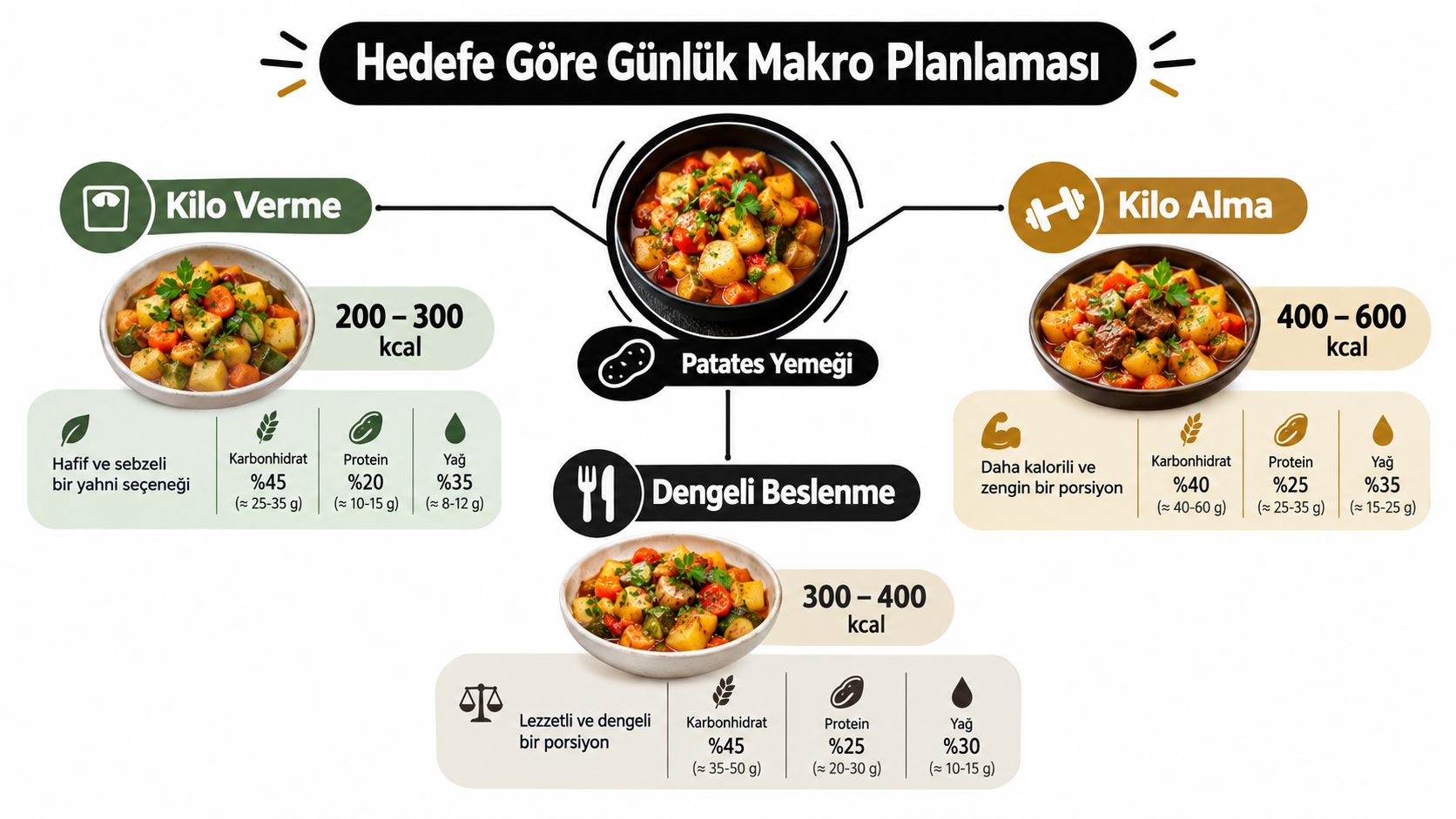 Farklı hedeflere göre patates yemeği porsiyonları, kalori değerleri ve makro besin oranlarını gösteren bilgilendirici bir görsel.
