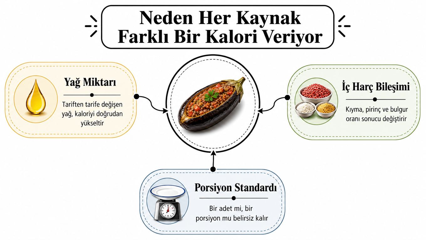 Patlıcan dolmasının farklı kaynaklarda değişik kalori değerlerine sahip olmasının nedenlerini açıklayan bilgilendirici bir görsel.