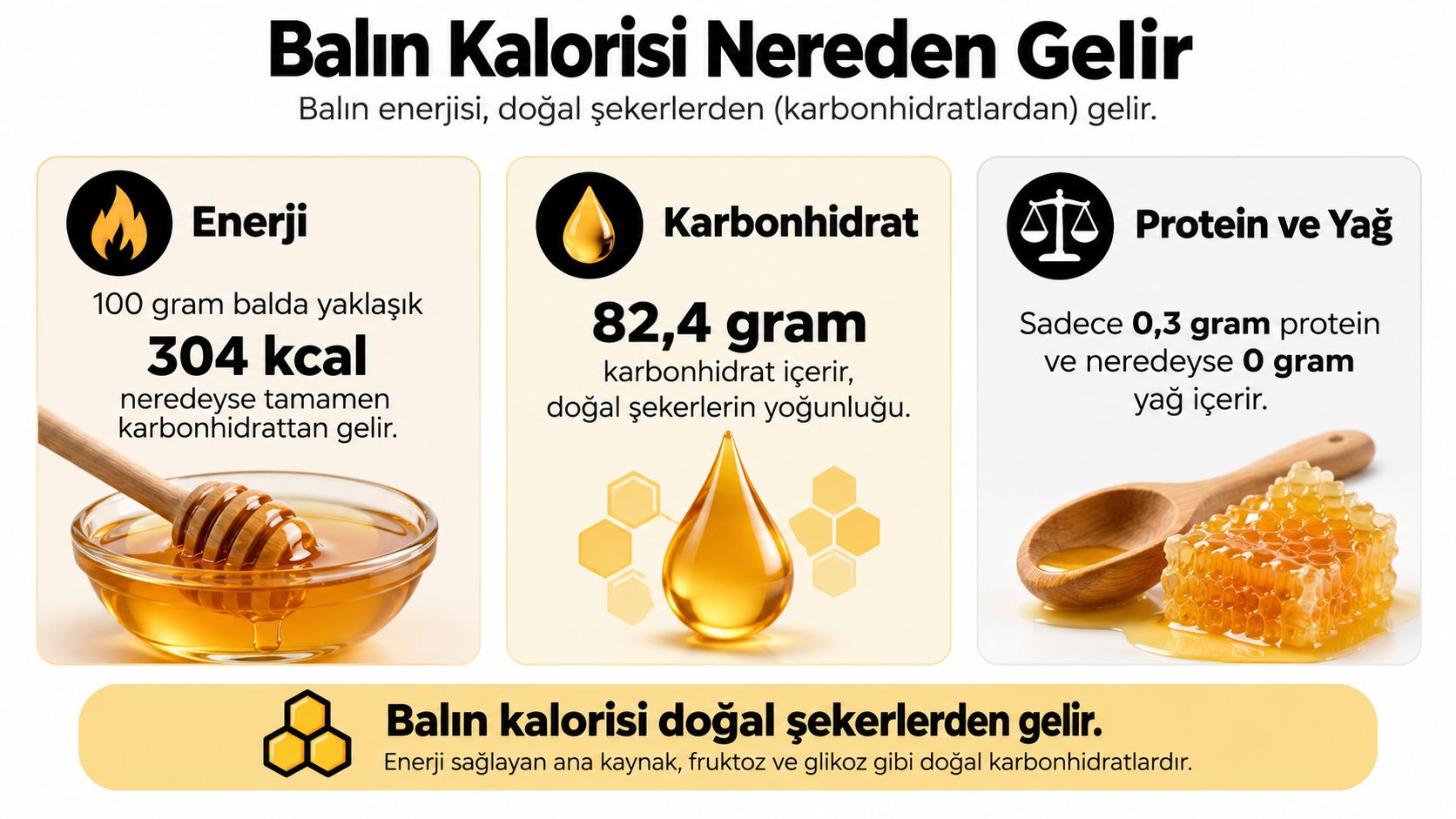 100 gram balın 304 kcal enerji, 82,4 gram karbonhidrat ve düşük miktarda protein ile yağ içerdiğini gösteren infografik.