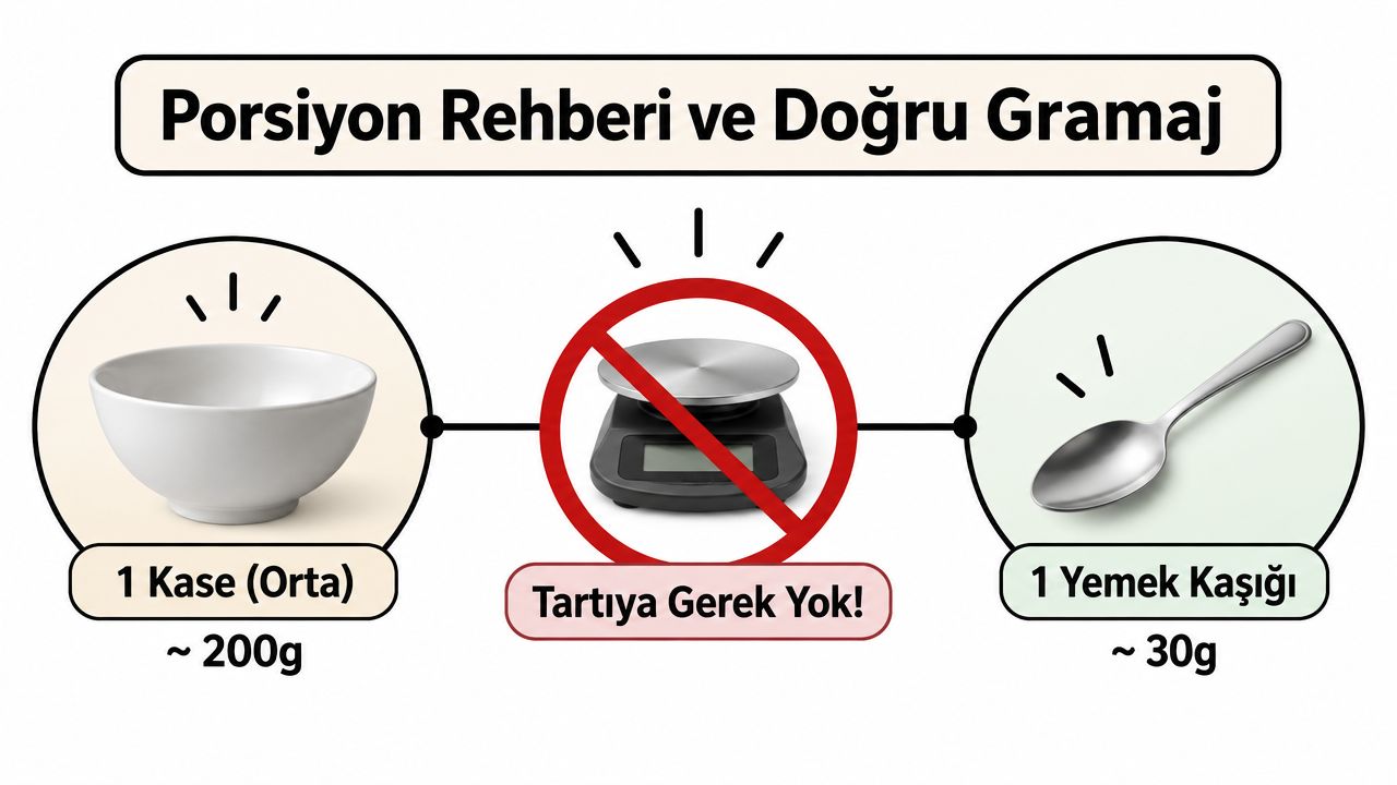 Porsiyon kontrolü için ev eşyalarıyla yaklaşık 200 gram kase ve 30 gram yemek kaşığı ölçüm rehberi görseli.