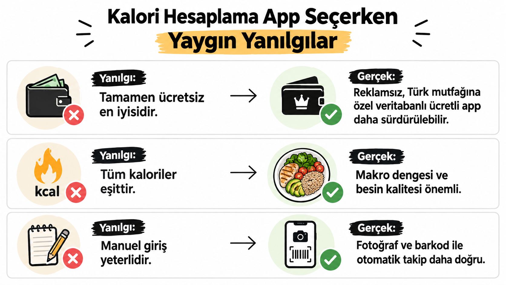 Kalori hesaplama uygulaması seçerken yapılan yaygın yanlışları ve bunların doğrusunu gösteren karşılaştırmalı bilgilendirici infografik görseli.