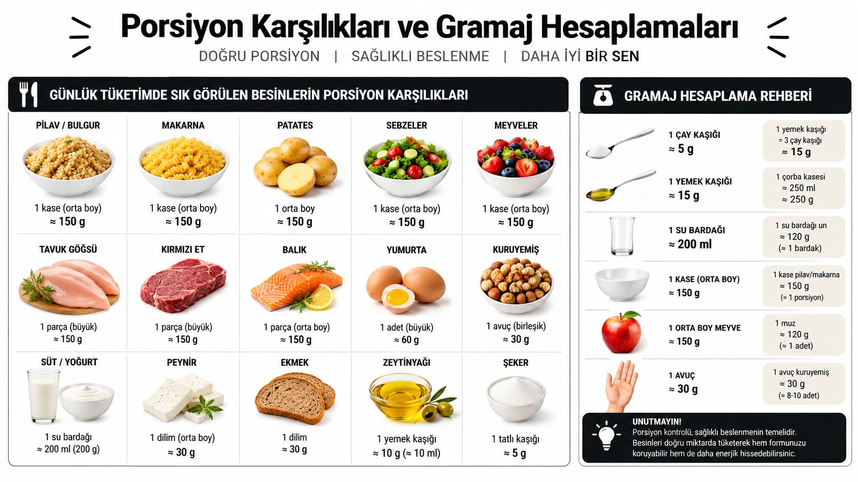Günlük beslenmede kullanılan temel gıdaların porsiyon miktarlarını ve gramaj hesaplamalarını gösteren faydalı bir bilgilendirme görseli.