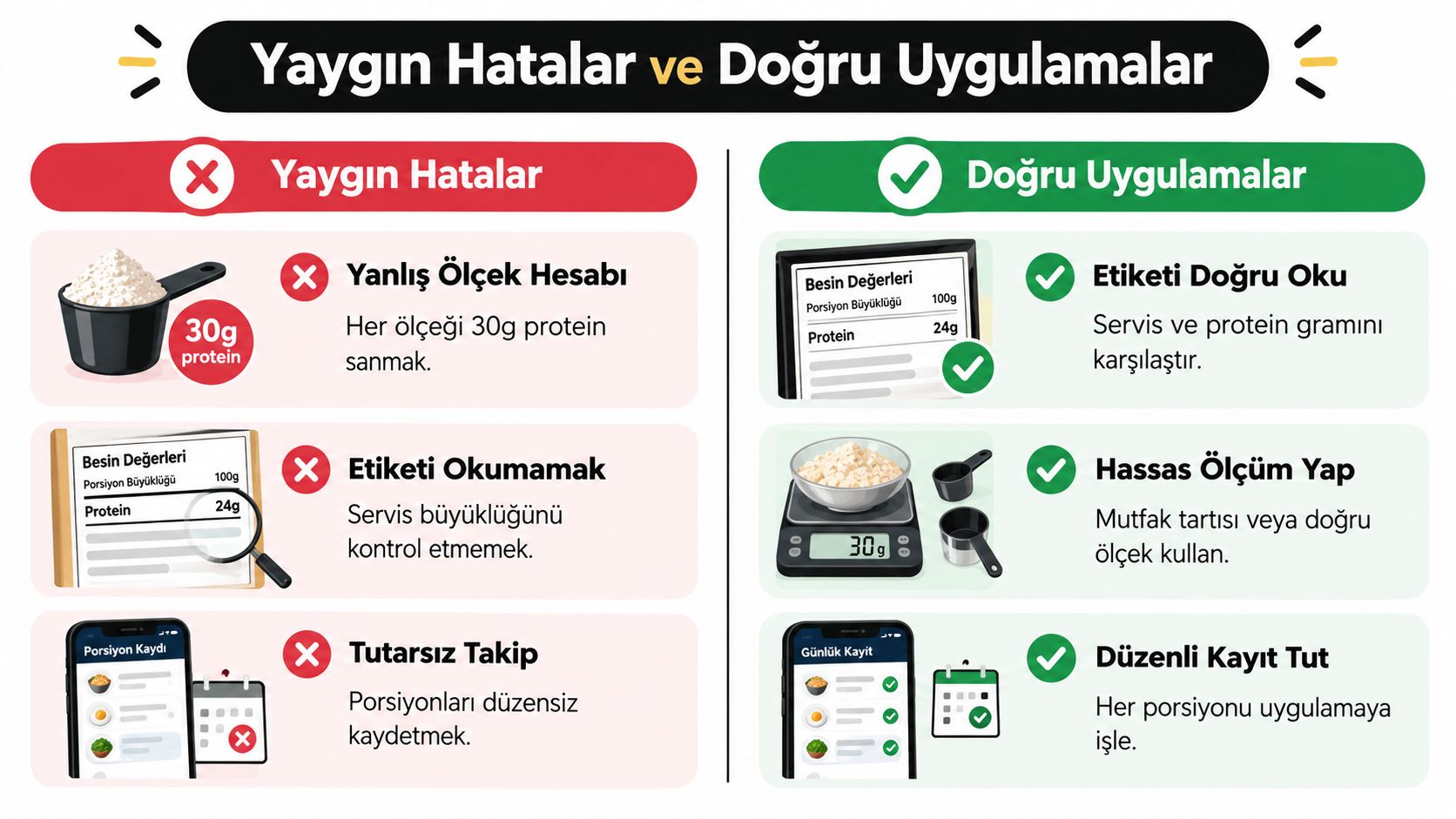 Protein tozu kullanımı hakkında yaygın hatalar ve bunların düzeltilmesi için önerilen doğru uygulamaları gösteren eğitici infografik.