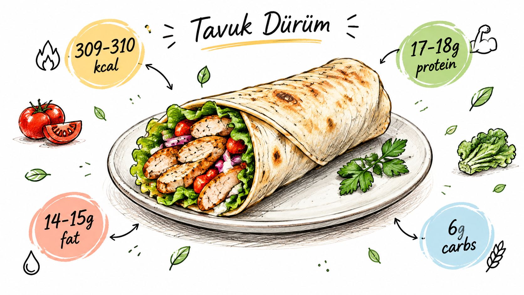 Tavuk dürüm besin değerlerini gösteren, üzerinde kalori, protein, yağ ve karbonhidrat bilgileri bulunan estetik bir yemek çizimi.