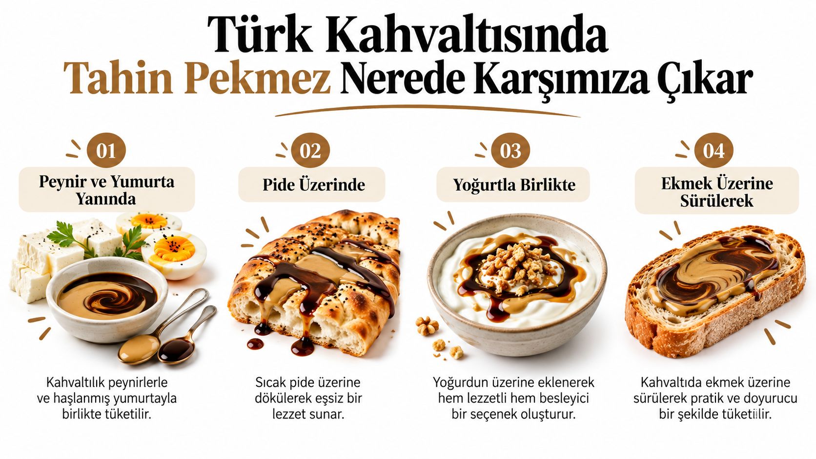 Türk kahvaltısında tahin ve pekmezin peynir, pide, yoğurt ve ekmekle tüketildiği dört farklı servis yöntemini gösteren görsel.