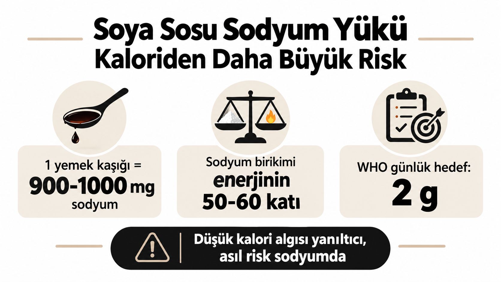 Soya sosunun içerdiği yüksek sodyum miktarını ve günlük sağlık risklerini vurgulayan bilgilendirici bir infografik görseli.