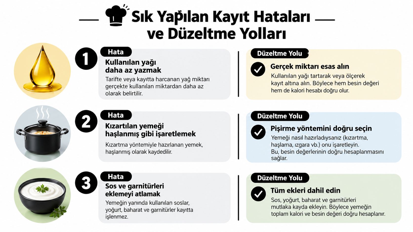 Besin takibi yaparken sıkça karşılaşılan üç kayıt hatası ve bu hataların doğru şekilde düzeltilme yöntemlerini gösteren bilgilendirici görsel.