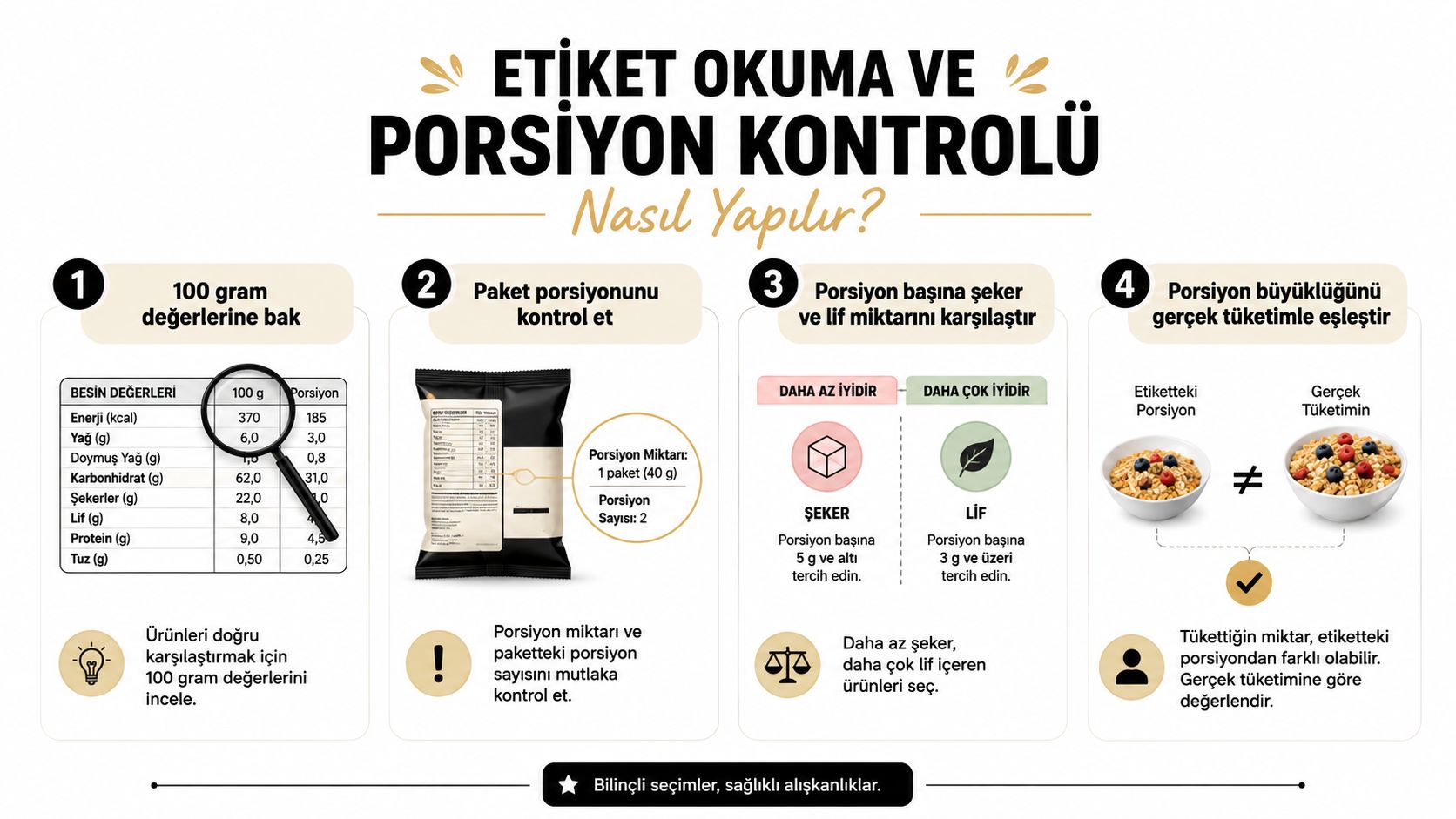 Gıda ambalajlarında etiket okuma ve porsiyon kontrolü yapmayı gösteren adım adım bilgilendirici eğitim infografiği.