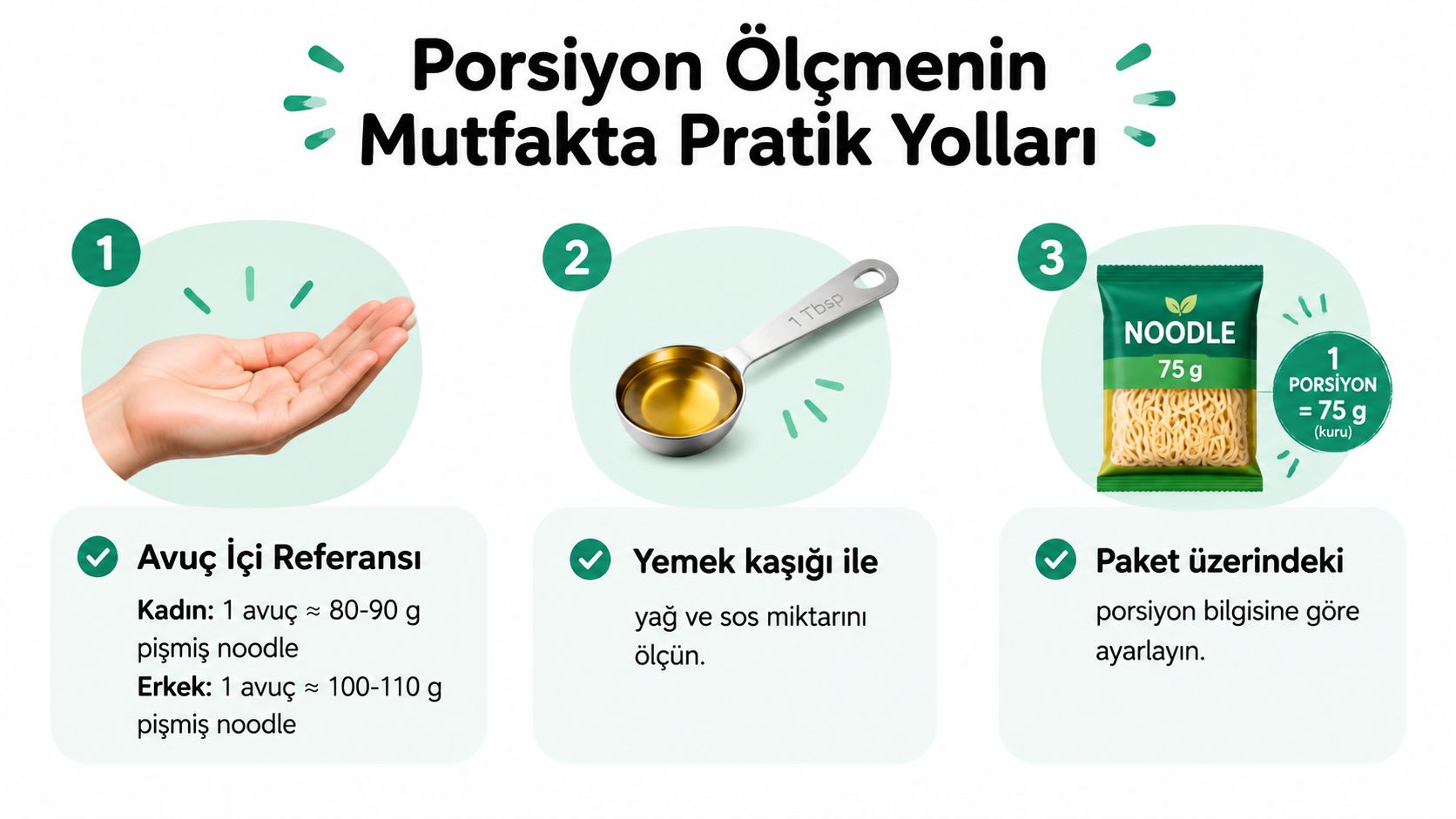 Noodle tüketiminde porsiyon kontrolü sağlamak için avuç içi, ölçü kaşığı ve paket bilgisi kullanma rehberi.