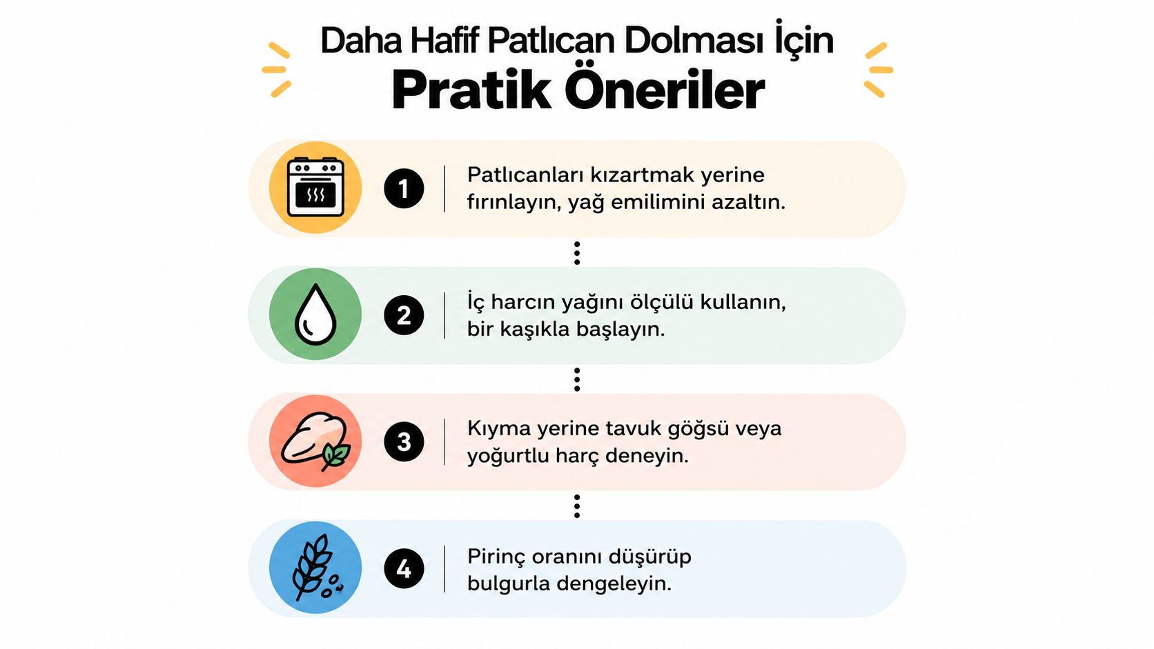 Daha hafif patlıcan dolması hazırlamak için kullanılan pratik ve sağlıklı pişirme önerilerini listeleyen bilgilendirici bir görsel.