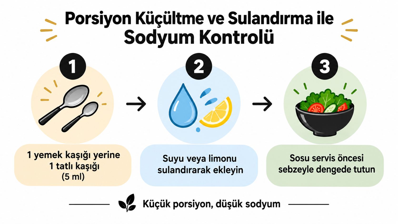 Sodyum tüketimini azaltmak için porsiyonları küçültme ve sosları su veya limonla sulandırma yöntemlerini gösteren bilgilendirici görsel.