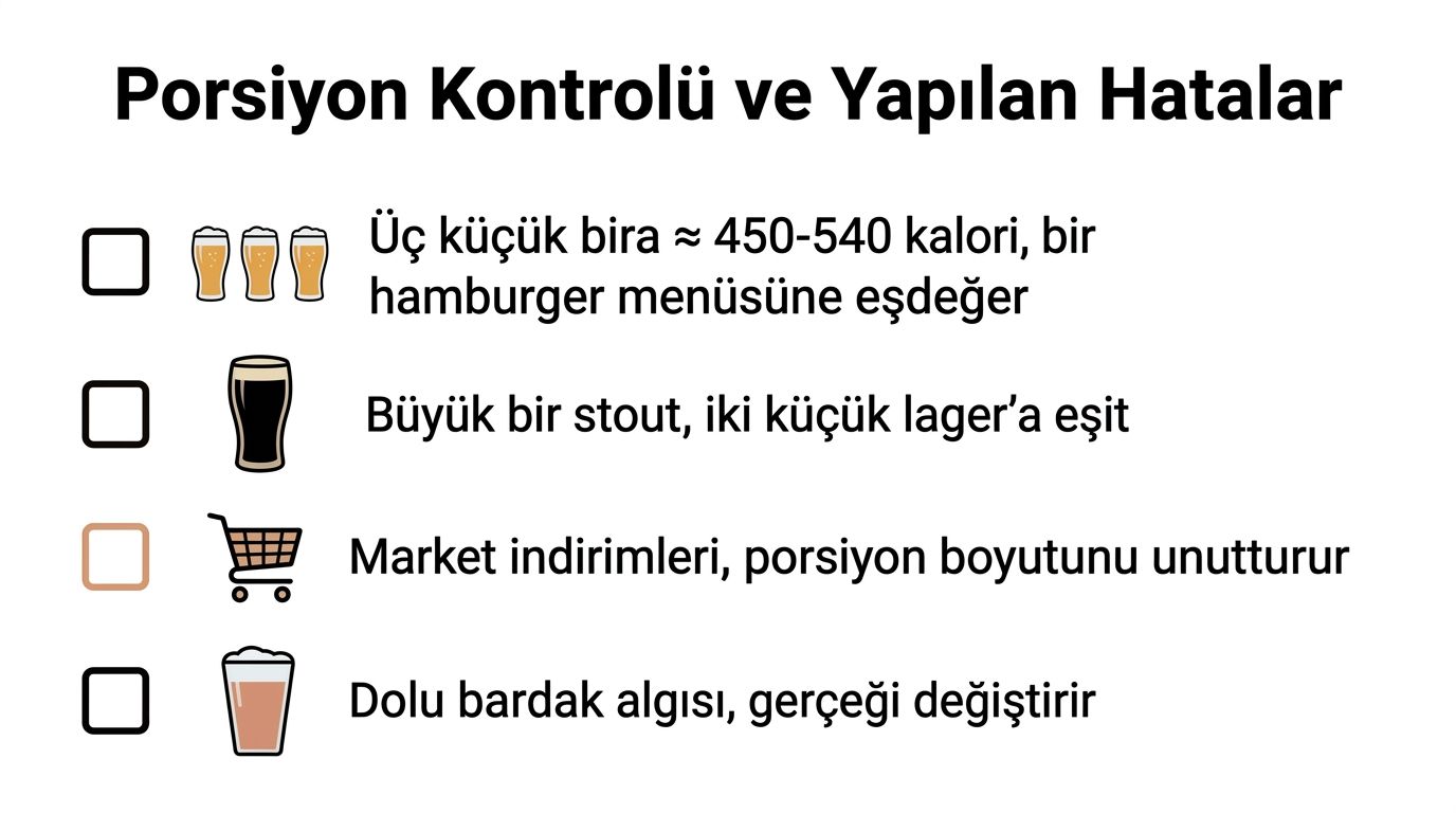 Porsiyon kontrolü ve yapılan hataları gösteren, içeceklerin kalori ve miktar karşılaştırmalarını içeren bilgilendirici bir görsel.