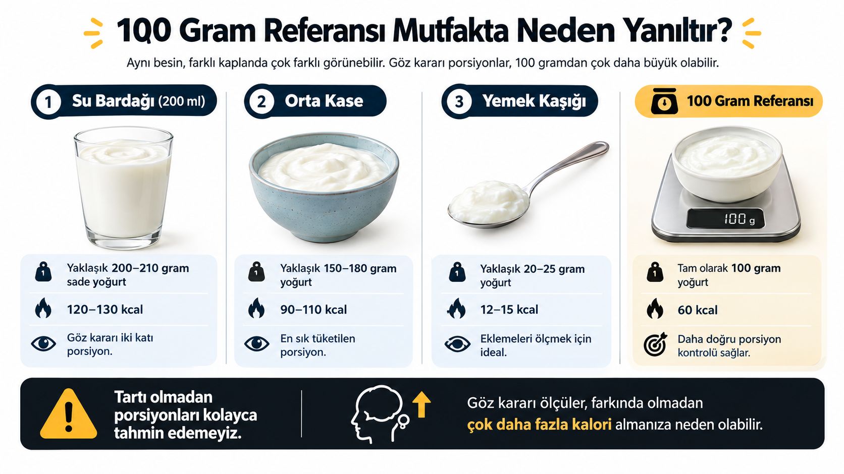 Farklı mutfak gereçlerinde 100 gram yoğurdun kalori ve porsiyon miktarının yanlış tahmin edilmesine dair bilgilendirici infografik görseli.